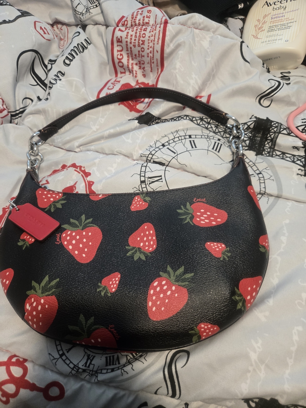 COACH Black Strawberry Print Leather Hobo Bag with Card Case - Picture 3 of 7